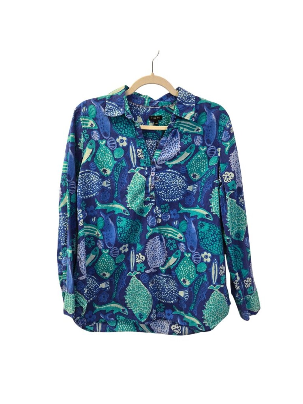 Talbots Fish Print Half Button Textured Popover Blouse Size Large